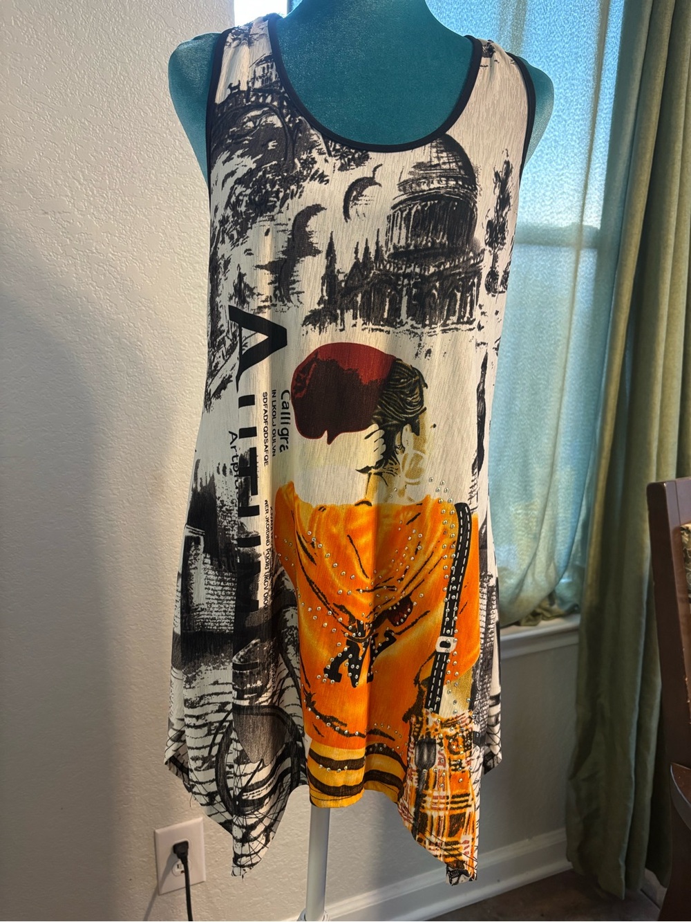 Anthropologie Style Avant-Garde Silk Graphic Tunic Dress with Mesh Back L/XL